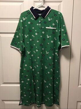 Cuddl Duds Green Floral Polo Dress with Navy Trim